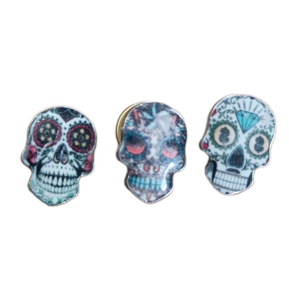 Lot of 3 Sugar Skull Enamel Hat Lapel Pin Pinback Candy Skull Day of the Dead